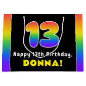 13誕生日カラフル:レインボー# 13,名前をカスタムする ラージペーパーバッグ (正面)
