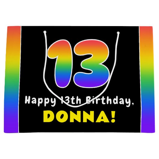 13誕生日カラフル:レインボー# 13,名前をカスタムする ラージペーパーバッグ (正面)