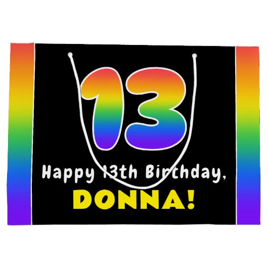 13誕生日カラフル:レインボー# 13,名前をカスタムする ラージペーパーバッグ (裏面)