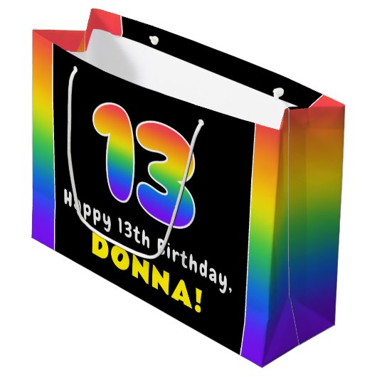 13誕生日カラフル:レインボー# 13,名前をカスタムする ラージペーパーバッグ (正面アングル)
