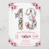 13誕生日ガールフォトコラージピンクフラワーホワイト 招待状 (正面/裏面)