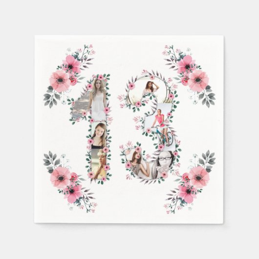 13誕生日ガールフラワーフォトコラージホワイト スタンダードカクテルナプキン (正面)