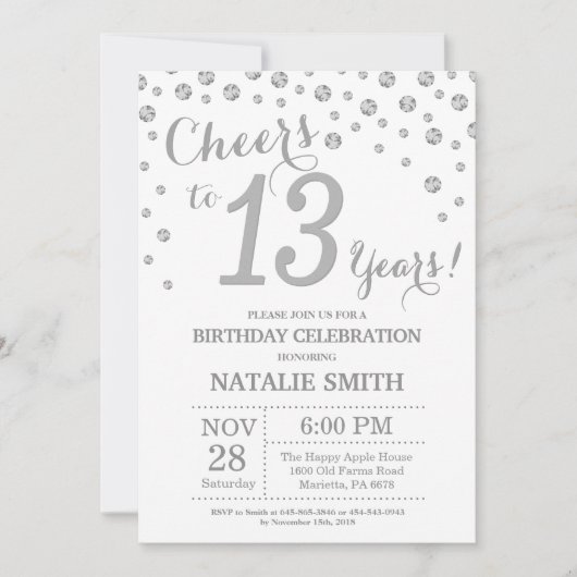 13誕生日シルバーグリッター招待状 招待状 (正面)