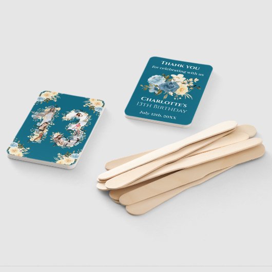 13誕生日ティール（緑がかった色）フォトコラージフラワーイエロー ハンドファン (組立なし)