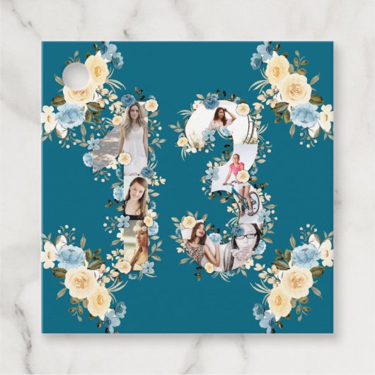 13誕生日ティール(緑がかった色)フラワーフォトコラージイエロー フェイバータグ (正面)