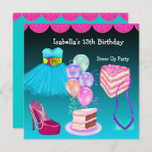 13誕生日ドレスアップパーティーティール（緑がかった色）ピンク 招待状 (正面/裏面)