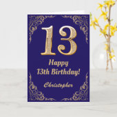 13誕生日ネイビーブルーと金ゴールドグリッターフレーム カード (黄色い花)