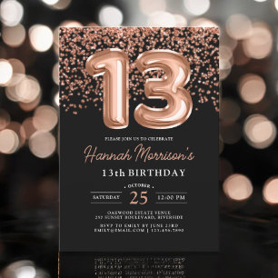 13誕生日バラ金ゴールドブラックバルーンパーティー 招待状