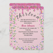 13誕生日ピンクアイシングと散水 招待状 (正面/裏面)