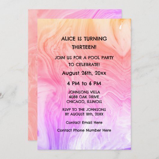 13誕生日ピンクアート抽象芸術カスタム年齢ガーリー 招待状 (正面/裏面)