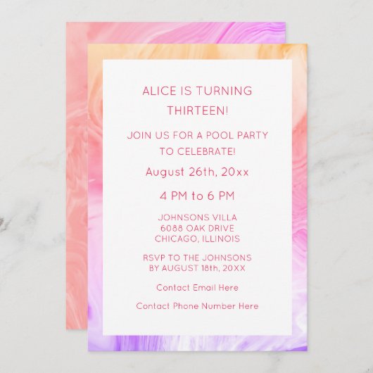 13誕生日ピンクアート抽象芸術カスタム年齢ガーリー 招待状 (正面/裏面)