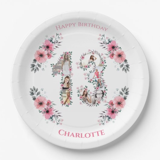 13誕生日フォトコラージガールピンク花白 ペーパープレート (正面)