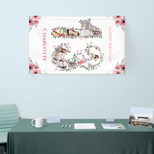 13誕生日フォトコラージピンクフラワーガールホワイト 横断幕 (トレードショー)