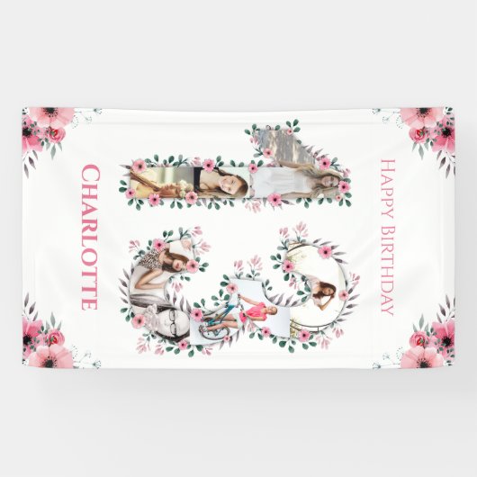 13誕生日フォトコラージピンクフラワーガールホワイト 横断幕 (横)