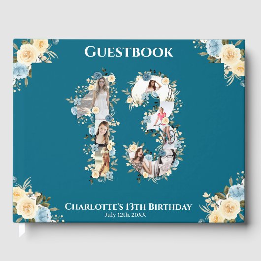 13誕生日フォトティール(緑がかった色)コラージュ黄花 ゲストブック (正面)