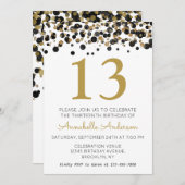 13誕生日ブラック金ゴールドグリッタースパークル紙吹雪 招待状 (正面/裏面)