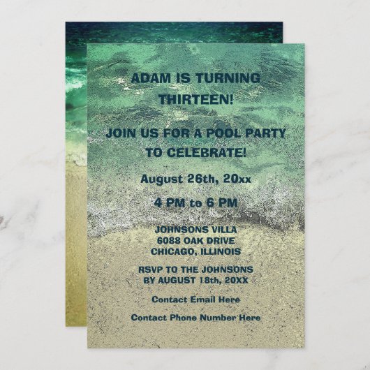 13誕生日プールサンディビーチウォータークール抽象芸術 招待状 (正面/裏面)