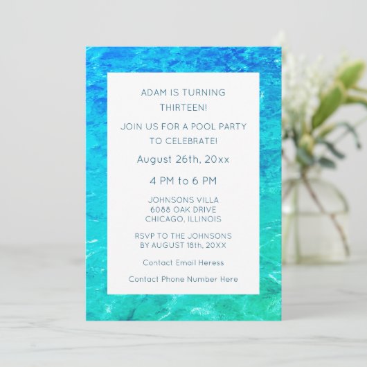 13誕生日プールパーティーウォーターブルーグリーンカスタム 招待状 (スタンド正面)