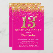 13誕生日ホットピンクと金ゴールドグリッター紙吹雪 招待状 (正面/裏面)