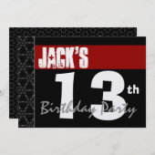 13誕生日モダン赤白黒金属 招待状 (正面/裏面)