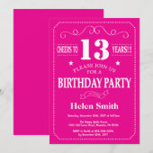 13誕生日招待状ホットピンクと白 招待状 (正面/裏面)