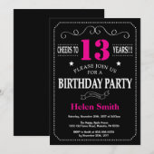 13誕生日招待状ホットピンクブラックシャルボード 招待状 (正面/裏面)