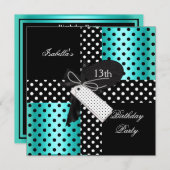 13誕生日水玉模様ティール（緑がかった色）ブルー白黒2 招待状 (正面/裏面)