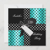 13誕生日水玉模様ティール（緑がかった色）ブルー白黒2 招待状 (正面)