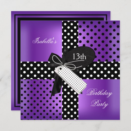 13誕生日水玉模様パープル白黒2 招待状 (正面/裏面)