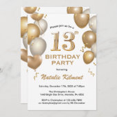 13誕生日白および金ゴールドグリッターバルーン 招待状 (正面/裏面)