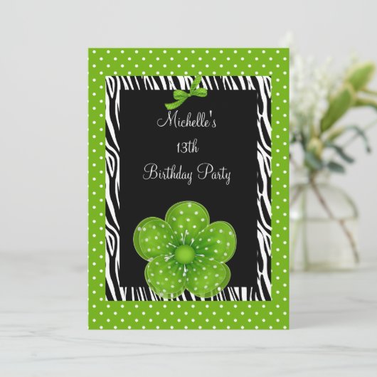 13誕生日白黒ゼブラグリーンスポット花 招待状 (スタンド正面)
