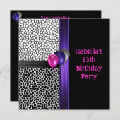13誕生日白黒ピンクパープル 招待状 (正面/裏面)