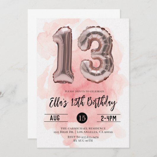 13誕生日赤面ピンク招待状 招待状 (正面/裏面)