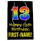 13誕生日:おもしろいはっきりした、カラフルレインボー「13」 ミディアムペーパーバッグ (正面)