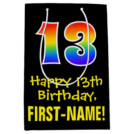 13誕生日:おもしろいはっきりした、カラフルレインボー「13」 ミディアムペーパーバッグ (正面)