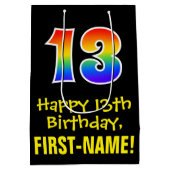 13誕生日:おもしろいはっきりした、カラフルレインボー「13」 ミディアムペーパーバッグ (裏面)