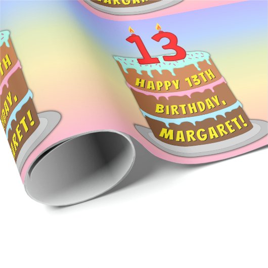 13誕生日:おもしろいケーキとキャンドル+名前をカスタムする ラッピングペーパー (ロールコーナー)
