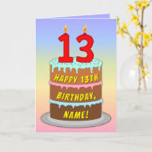 13誕生日—おもしろいケーキ&キャンドル、名前をカスタムする付き カード (黄色い花)