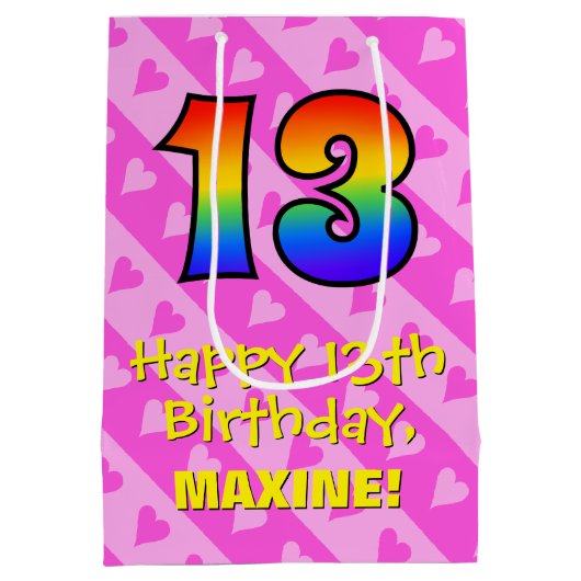 13誕生日:おもしろいピンクハートストライプ、レインボー13 ミディアムペーパーバッグ (裏面)