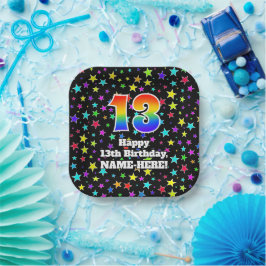 13誕生日:おもしろい星パターンと虹"13" ペーパープレート