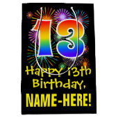 13誕生日:おもしろい花火パターン+レインボー13 ミディアムペーパーバッグ (正面)