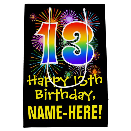 13誕生日:おもしろい花火パターン+レインボー13 ミディアムペーパーバッグ (裏面)