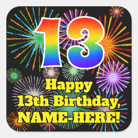 13誕生日:おもしろい花火ルック、虹# 13 スクエアシール (正面)