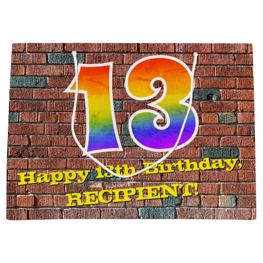 13誕生日:おもしろい、グラフィインスパイアティ・レインボー# 13 ラージペーパーバッグ (正面)