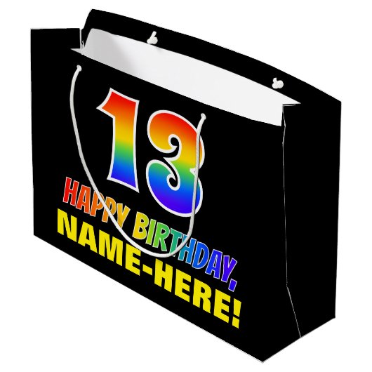 13誕生日:はっきりした,おもしろい,シンプルレインボー13 ラージペーパーバッグ (裏面アングル)