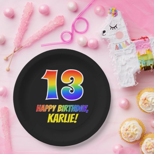 13誕生日:はっきりした,おもしろい,シンプル虹， 13 ペーパープレート (パーティー)