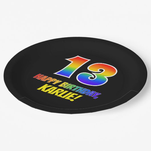 13誕生日:はっきりした,おもしろい,シンプル虹, 13 ペーパープレート (アングル)