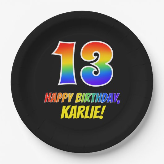 13誕生日:はっきりした,おもしろい,シンプル虹， 13 ペーパープレート (正面)