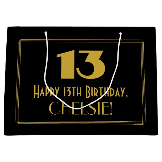 13誕生日— アールデコ刺激を受けたルク「13」と名前 ラージペーパーバッグ (正面)