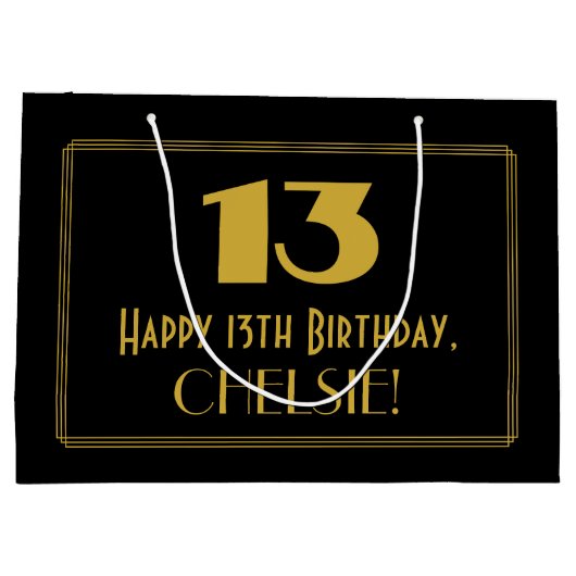 13誕生日— アールデコ刺激を受けたルク「13」と名前 ラージペーパーバッグ (裏面)